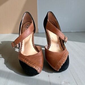 Seychelles Tan and Black Mary Jane Heels